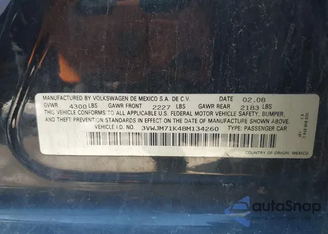 2008 Volkswagen Jetta S from USA, damaged, VIN 3VWJM71K48M134260